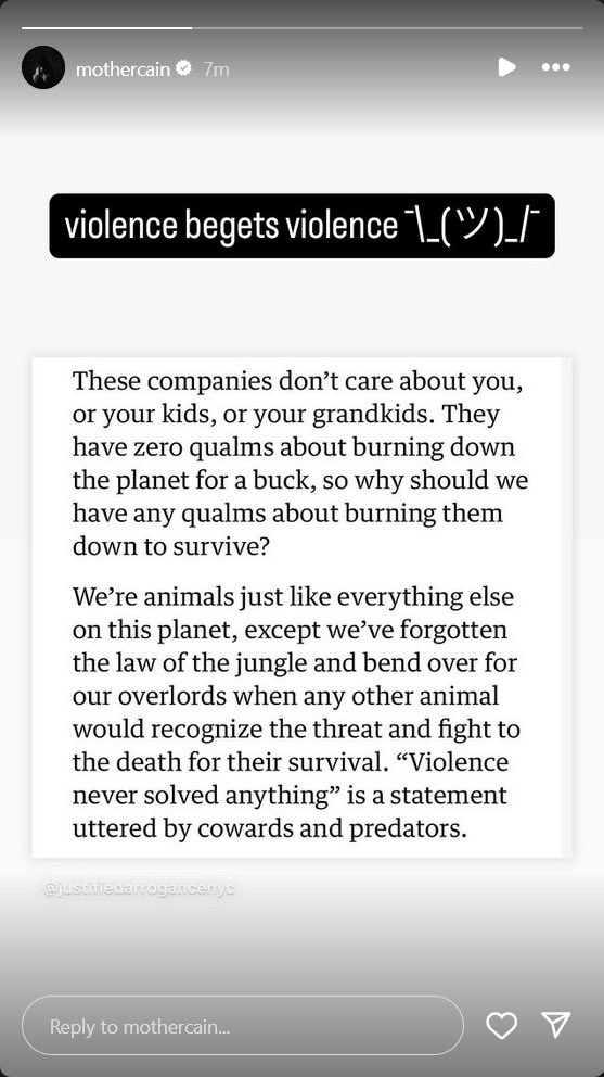 Gay icon Ethel Cain supports fellow gay icon Luigi Mangione in new Instagram story! #LuigiCrave #LuigiMangione

“violence begets violence ¯\_(ツ)_/¯”