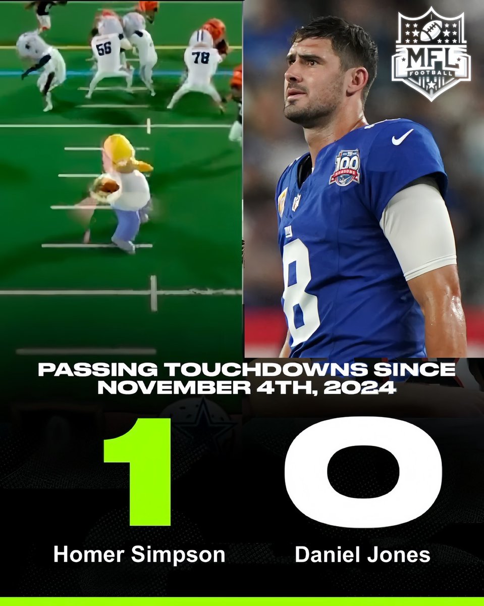 HOMER SIMPSON HAS MORE TOUCHDOWN PASSES THAN DANIEL JONES OVER THE LAST MONTH

💀💀💀

(Via <a href="/Dav1dChabot/">David Chabot</a>)