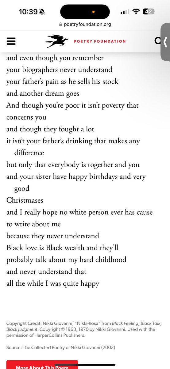“…all the while I was quite happy.” I teach “Nikki-Rosa” in every one of my classes. Because Black life is not doom and gloom. Because Black literature is multitudes. Because we are. Thank you, Nikki Giovanni.