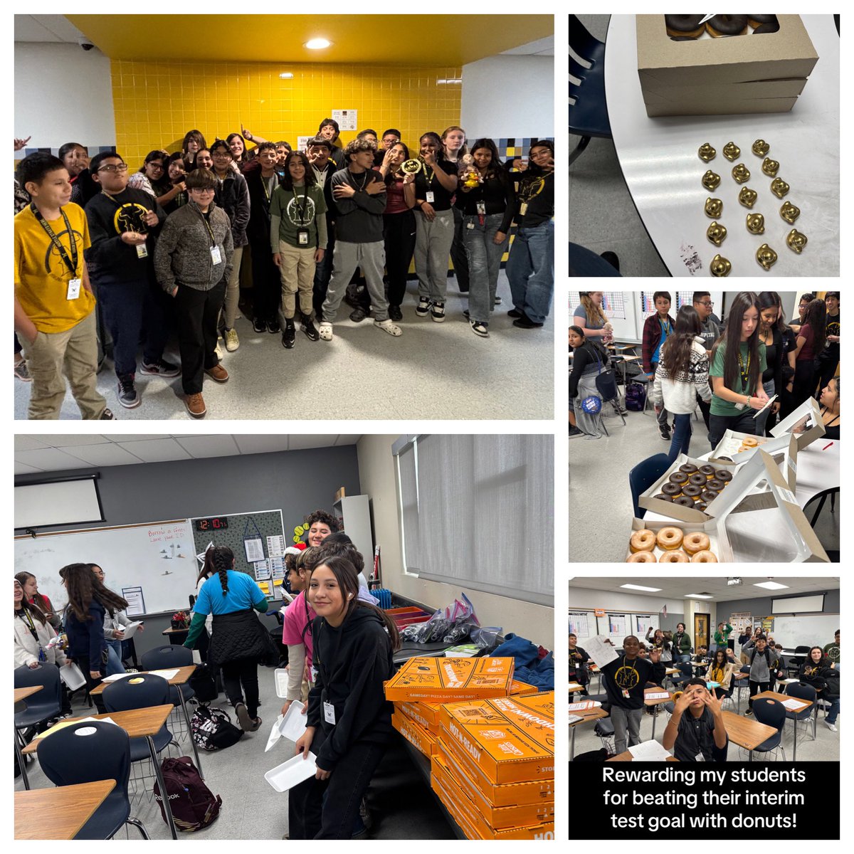 MadMath_PMS's tweet photo. Finally got to “bring the bling” to celebrate my students’ accomplishments.  My two best performing classes on the Fall Interim (Advanced &amp; Regular Math) got the Golden Ducks and G.O.A.T Chains, plus bragging rights! Got donuts and pizza for them as well. @ParklandMS @jortiz_P_ https://t.co/wlBMZeamUy