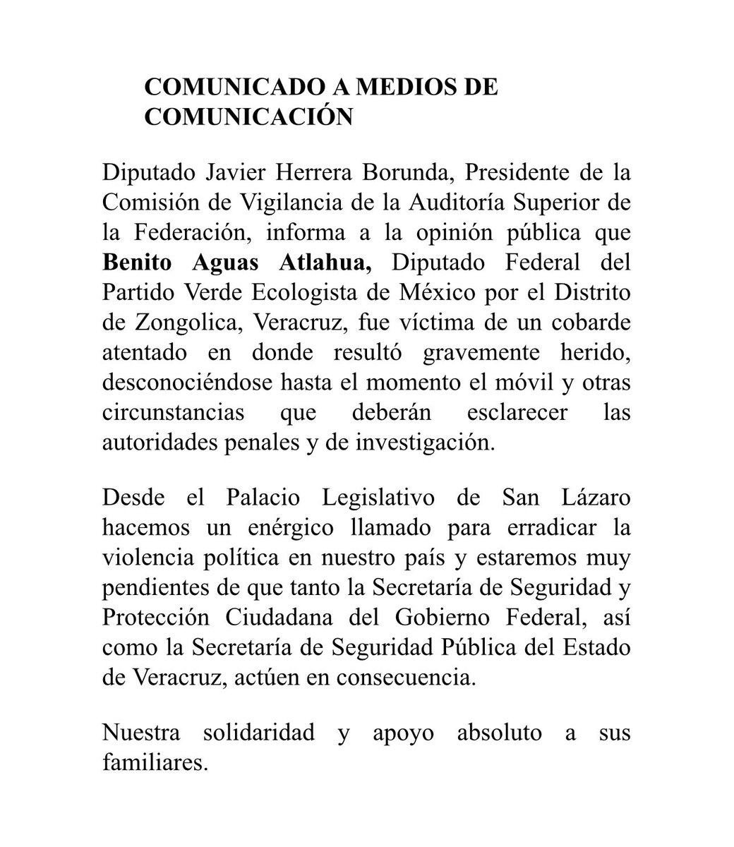 COMUNICADO | A la opinión pública sobre el cobarde atentado que sufrió el diputado federal por Zongolica,  Veracruz, Benito Aguas Atlahua:
