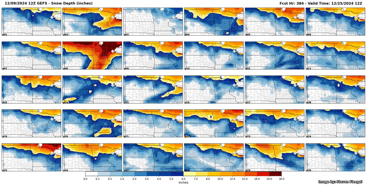 fleegs79's tweet photo. While still a long ways out, here’s the 12/9 12Z GEFS probability of 1” of snow depth for Christmas morning (and the individual members). Overall, low chances (<30%) for most of SD. https://t.co/FK90ruaPd2