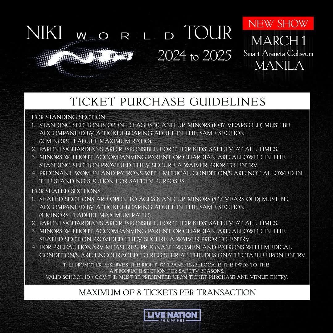 Announcement, Moonchildren! 🤍

🌟ADDED SHOW
📆March 1, 2025
📍Smart Araneta Coliseum

💫Artist Presale: December 12, Thu, 10AM -12PM. Visit nikizefanya.com for more details 

✨General Onsale: December 12, Thu, 12pm via ticketnet.com.ph or TicketNet outlets