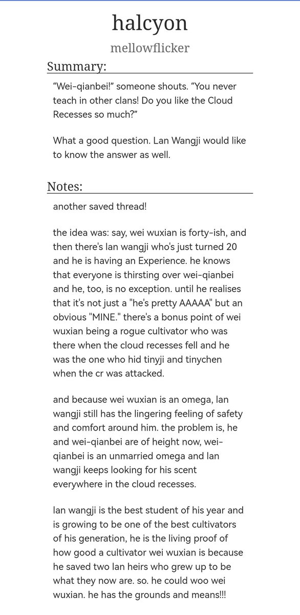 lanerjie's tweet photo. halcyon

🌿 14k, m, canon divergence, alpha!lwj and omega!wwx
🌿 esteemed wei-qianbei comes to teach in the cloud recesses and lan wangji takes it personally 
🌿 good little alpha trying to take care of his... not mate! https://t.co/utcDUIIC7Q