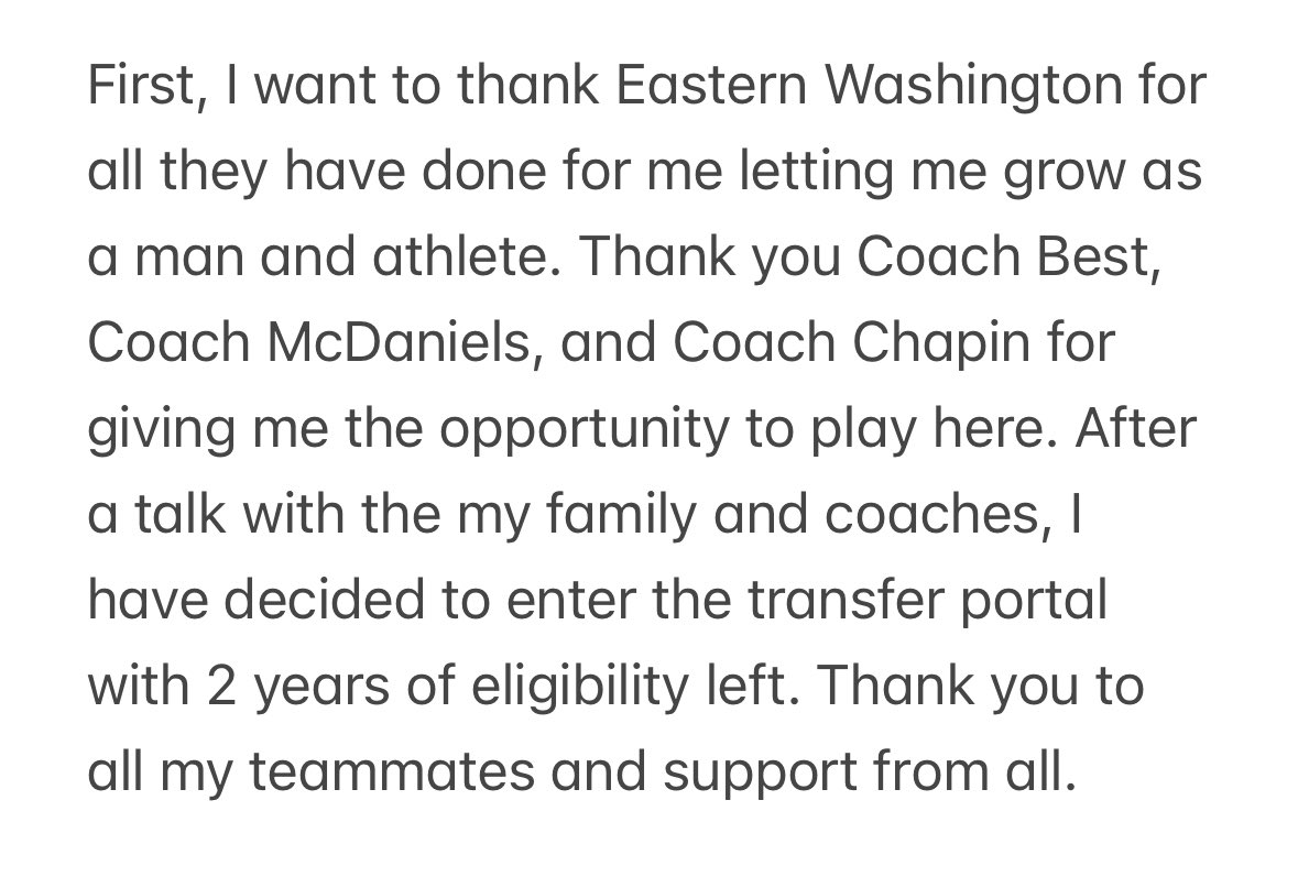 Thank you Eastern Washington. I have entered my name in the transfer portal. My film is pinned on my profile‼️