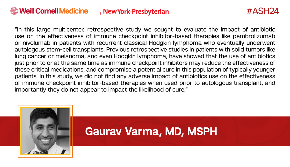 WCM Lymphoma (@wcmlymphoma) on Twitter photo HemOnc fellow Dr. Gaurav Varma (<a href="/GVarmaMD/">Gaurav Varma</a>) explains #research evaluating the effectiveness of antibiotic use during immune checkpoint inhibitor therapy on eventual autologous stem cell transplant outcomes for #HodgkinLymphoma patients: bit.ly/3VnZ8YE #ASH24 HemOnc fellow Dr. Gaurav Varma (<a href="/GVarmaMD/">Gaurav Varma</a>) explains #research evaluating the effectiveness of antibiotic use during immune checkpoint inhibitor therapy on eventual autologous stem cell transplant outcomes for #HodgkinLymphoma patients: bit.ly/3VnZ8YE #ASH24