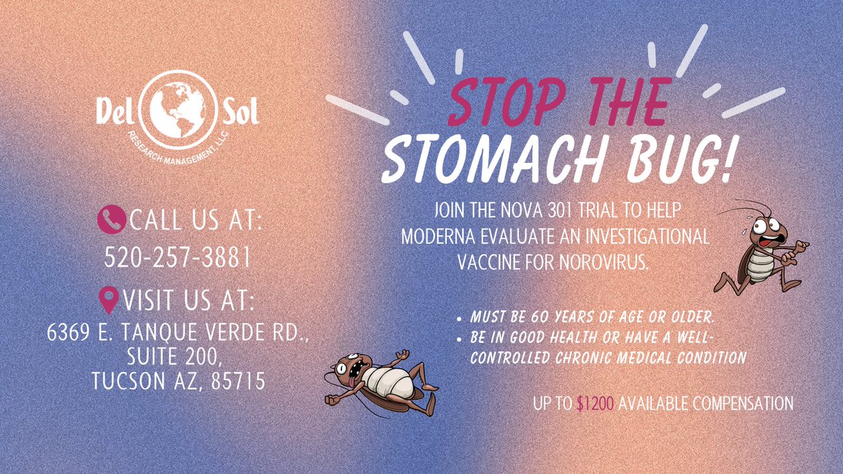whatsuptucson's tweet photo. STOP THE STOMACH BUG!
MODERNA is evaluating an investigational vaccine for Norovirus, sometimes called #foodpoisoning or the #stomachbug!
Call 520-257-3881 or click the link below to learn more:
https://t.co/nexkFOmKmk
@DelSolResearch #paidtrials #vaccineswork
Ad https://t.co/i3R8AwF8qv