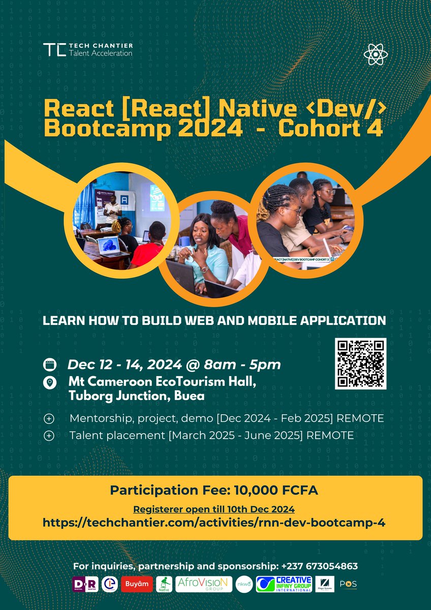 TechChantier's tweet image. Registration for the RNN Bootcamp cohort 4 ends today
Hurry up, only few seats left: techchantier.com/activities/rnn…
Phase 1: 3 days Bootcamp
Date: 12-14th Dec 2024, 8 am - 5 pm
Venue: Mt Cameroon Ecotourism hall, Tuborg junction, Buea
Powered by Tech Chantier and Partners
