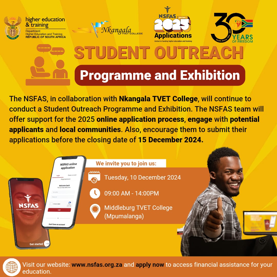 myNSFAS's tweet photo. We are today continuing with our applications drive programme in Mpumalanga in collaboration with the Nkangala TVET College.
Do come and apply with us for your @myNSFAS bursary or loan.
See you there!!
#NSFAS2025Applications #NSFAS025 https://t.co/I45zpy2cme