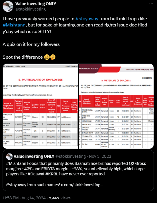 stokkinvesting's tweet image. I have been warning about #Mishtann Foods and its cooked financials since Aug-23, when many handles with large followers were blindly believing the numbers, without using brains..

SEBI has woken up 👇

Anyways, hope it helped my followers (though not all believed it) 
#staysafe