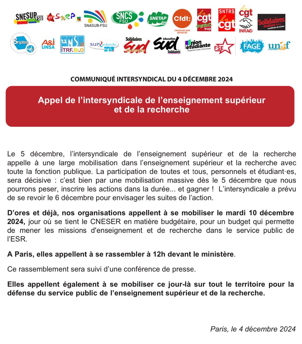 SnesupFsu's tweet photo. 📢Après la réussite du 5/12 #greve5decembre, l’intersyndicale de l’ESR appelle à poursuivre la mobilisation ce mardi #10decembre dans tous les établts pour défendre le service public de l’ESR✊

‼️à Paris RV devt le ministère, place de Romilly, à 12h‼️ 
À 14h30, conf. de presse https://t.co/m2JRJ6fANy