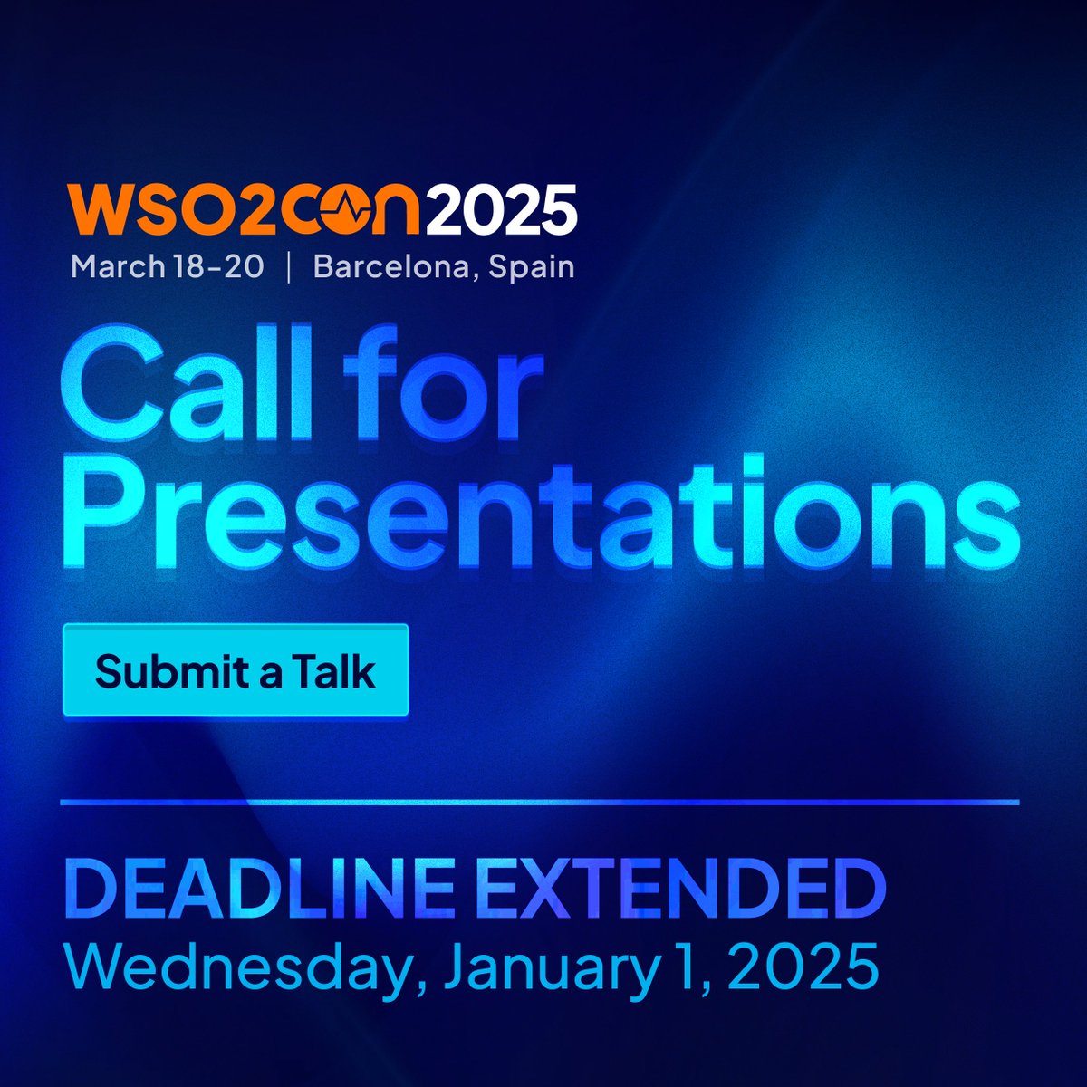 wso2's tweet photo. Great news! We’re giving you more time to submit your CFP for #WSO2Con 2025! You now have until January 1, 2025, to share your story.
More info here, including speaker benefits &amp; tips 👇
https://t.co/zIBJoFDe3y https://t.co/wUwy0fJnSp