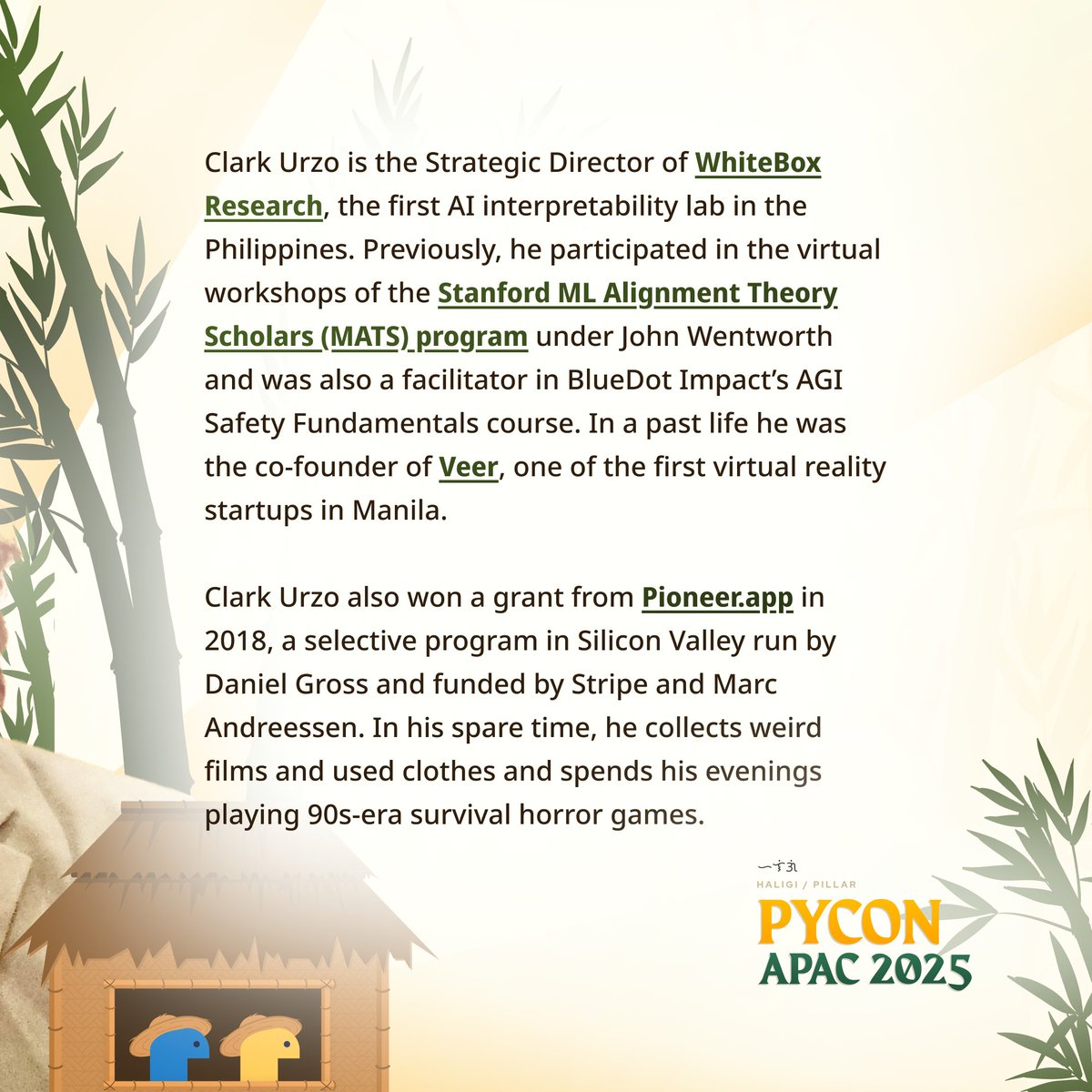 Championing increased AI safety and Interpretability with creativity and vision

We are excited to announce that 𝗖𝗹𝗮𝗿𝗸 𝗨𝗿𝘇𝗼 will be a Keynote Speaker at PyCon APAC 2025!

Tickets are still available at: ti.to/pythonph/pycon…

#PyConAPAC2025 #PyConPH #Haligi #PythonPH