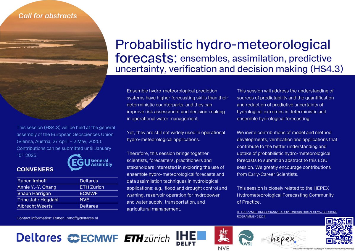 🚨Are you working on probabilistic hydro-meteorological forecasting? Submit your abstract now to #EGU25 Session HS4.3! 

meetingorganizer.copernicus.org/EGU25/session/… 

#forecast #hydrometeorology #ensemble #verification #uncertainty