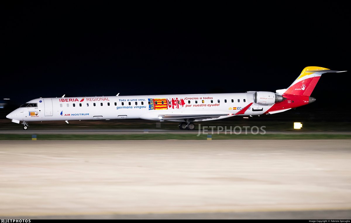 A new special livery on this Iberia Regional (Air Nostrum) CRJ-1000 to thank volunteers for assisting during the recent floods in Valencia. jetphotos.com/photo/11556469 © Fabrizio Spicuglia