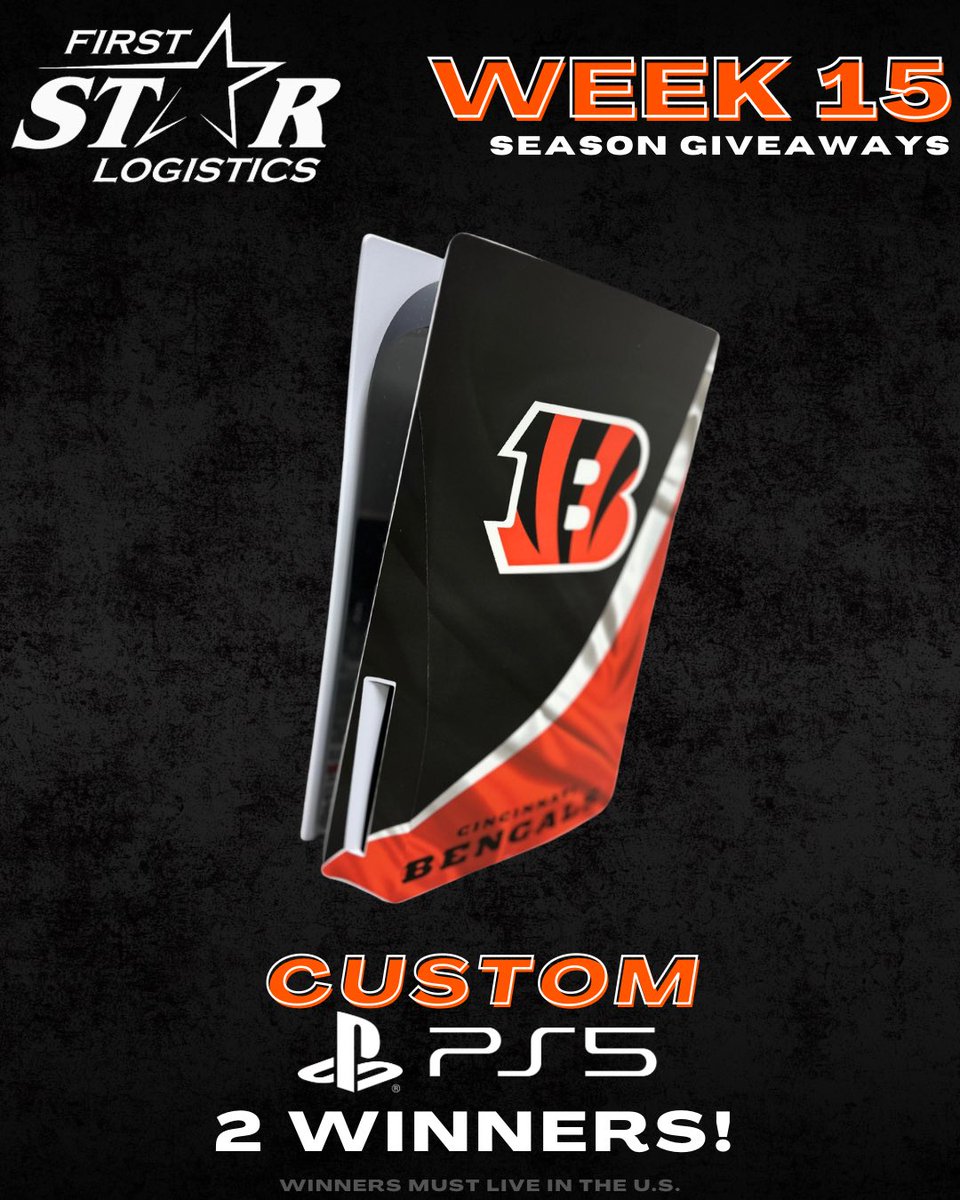 First Star Logistics (@firststarlog) on Twitter photo 🐅WEEK 15🐅
You all loved the PS5 so we had to bring it back! TWO people will win custom Bengals PS5s in next weeks post-game show🔥
Couldn’t be easier! Here’s how:
📲 Follow us
📲 Follow <a href="/JoeGoodberry/">Goodberry</a>
📲 Follow <a href="/JakeLiscow/">Jake Liscow</a>
📲 Follow <a href="/DLInTheTrenches/">Dave Lapham "In The Trenches" Podcast/Videocast</a>
📲 RT this tweet 🐅WEEK 15🐅
You all loved the PS5 so we had to bring it back! TWO people will win custom Bengals PS5s in next weeks post-game show🔥
Couldn’t be easier! Here’s how:
📲 Follow us
📲 Follow <a href="/JoeGoodberry/">Goodberry</a>
📲 Follow <a href="/JakeLiscow/">Jake Liscow</a>
📲 Follow <a href="/DLInTheTrenches/">Dave Lapham "In The Trenches" Podcast/Videocast</a>
📲 RT this tweet