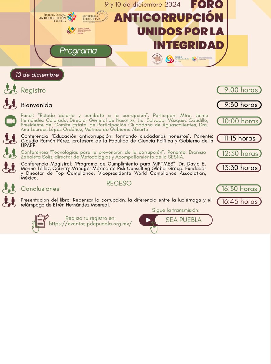 Todo listo ✅
El #ComiteCoordinador <a href="/CEPCPuebla/">Comité de Participación Ciudadana Puebla</a> y la <a href="/seapuebla/">seapueblaoficial</a> del Sistema Anticorrupción de Puebla los esperamos mañana en el segundo día de conferencias del foro anticorrupción "#UnidosporlaIntegridad"

📍En las instalaciones del <a href="/CienPuebla/">CIEN Puebla</a> 
⏰9:00 am inicia el registro