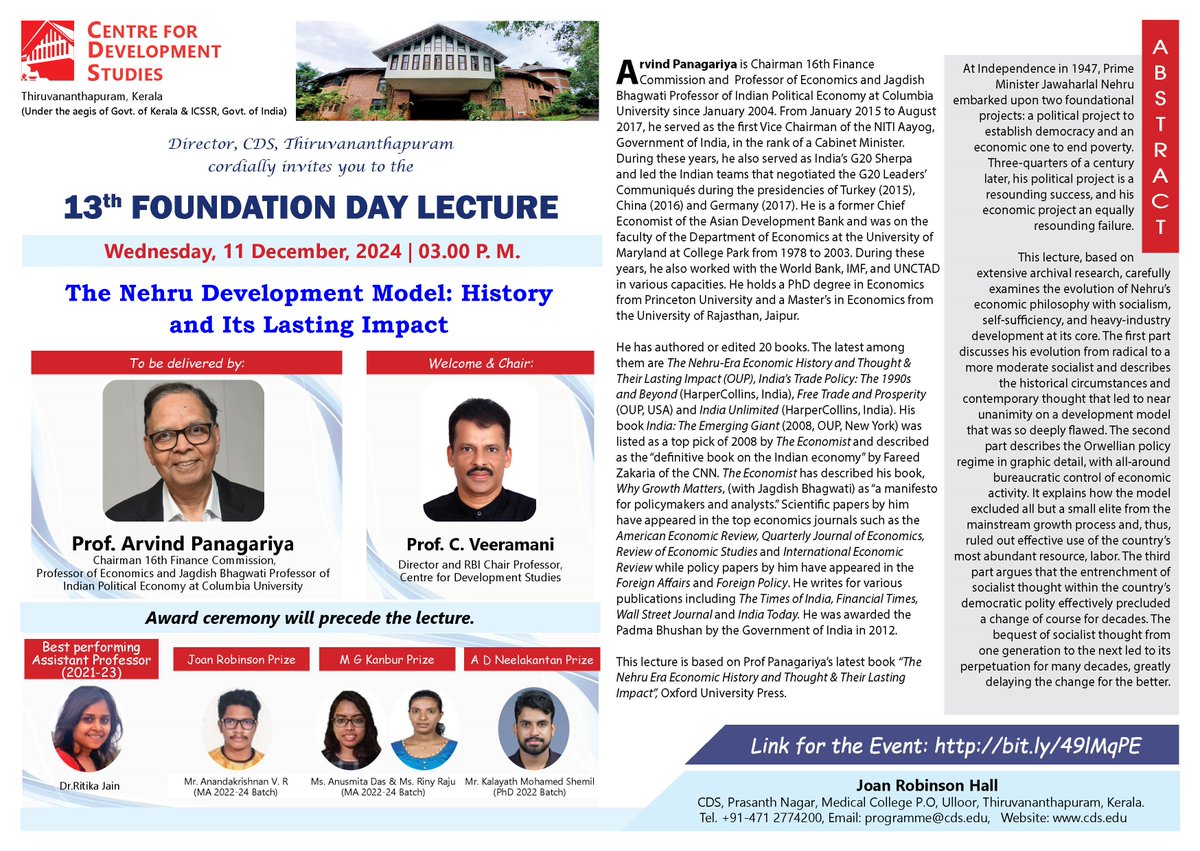CdsTrivandrum's tweet photo. All are invited to the 13th Foundation Day Lecture on "The Nehru Development Model: History and Its Lasting Impact"  by Prof. Arvind Panagariya, Chairman 16th Finance Commission at Joan Robinson Hall on tomorrow, 11th December, 2024 at 03:00 pm. https://t.co/FNq24ExVn1