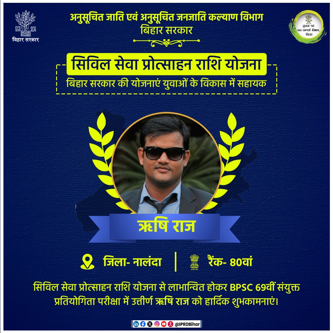 SCSTWelfareDept's tweet photo. सिविल सेवा प्रोत्साहन राशि योजना से लाभान्वित होकर BPSC 69वीं संयुक्त प्रतियोगिता परीक्षा में सफल  ऋषि राज जी को हार्दिक बधाई एवं शुभकामनाएं।
#69bpsc 
#competition
#inspiration 
#empowerment
#BPSC
#BiharSCAndSTWelfareDept https://t.co/TRmPKJM9Sf