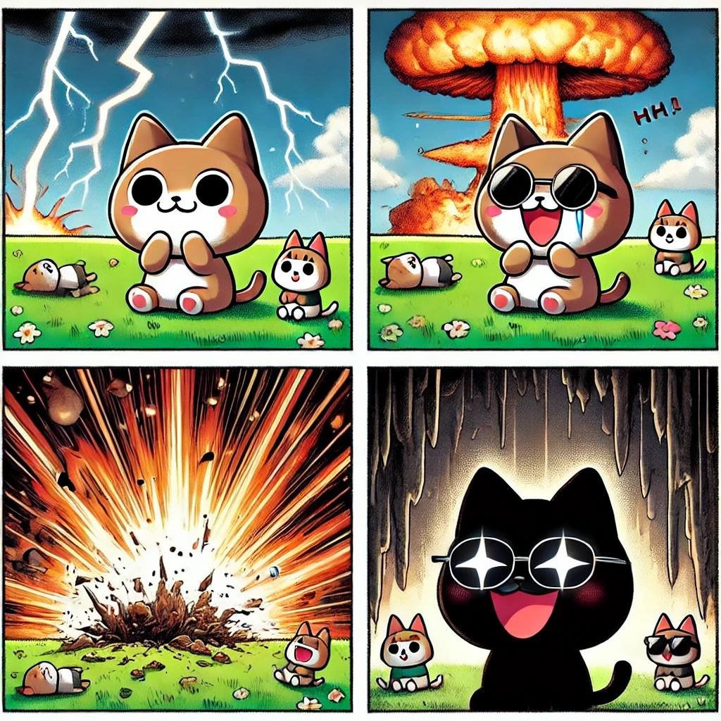 ChienAlan1's tweet photo. What? The thunder is coming!

OMG it's the bomb!!!

Oh no it hit me now!!! BOOM!!!

Let get into underground for safety. Ha Ha!!!

Underground is the best place for MewMew!!!!!

But I become the black one....

Stay tuned, To be continue....

#mewmew #KRC20 #Kaspa https://t.co/enpSn9qDoe
