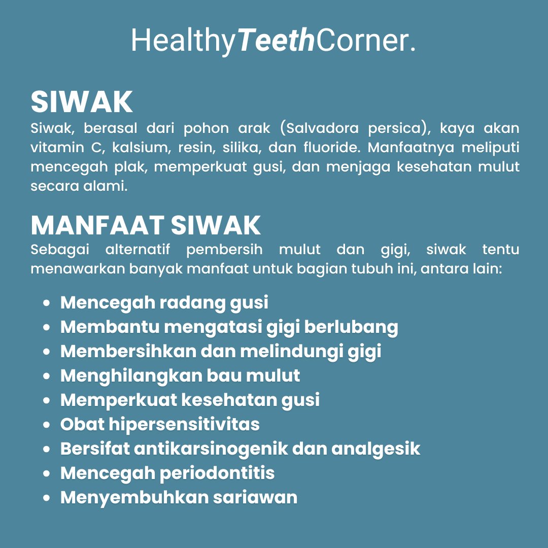 Teeth_Corner's tweet photo. Siwak, rahasia alami untuk senyum sehat! Dengan kandungan vitamin C, kalsium, dan enzim antioksidan, siwak membantu menjaga kebersihan gigi, mencegah plak, hingga memperkuat gusi. 

#healthyteethcorner #Hodcaa #DentalClinic #DentalClinicBSD #HodcaaBSD #PemiumDentalClinic #struick https://t.co/ZFXRKhAbsJ