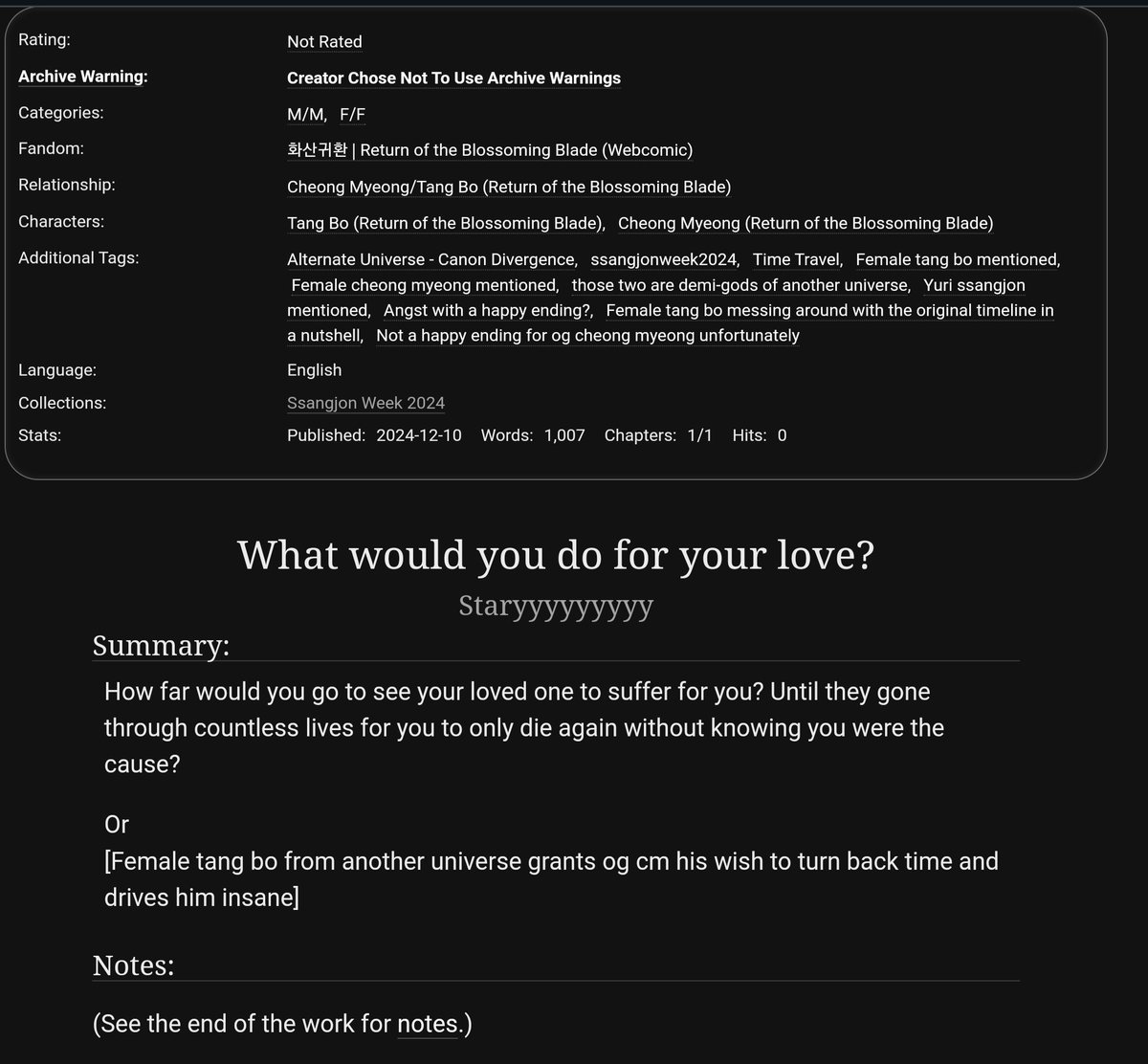 Staryyyyyeeh's tweet photo. What would you do for your love?

✦Return of the Blossoming Blade 
✦Angst with a happy ending(?)
✦ #ssangjonweek2024
✦ Tangcheong | 당청
✦Written by both stary and uriel
✦https://t.co/Mq87fVCqLQ https://t.co/3hB9FsUH8B