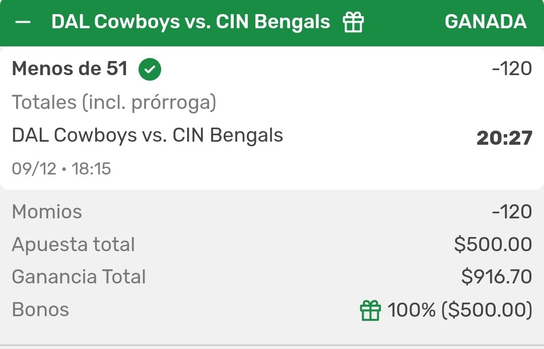 ApuestasInge's tweet photo. Seguimos ganando apuestas

Monday Night Football

Dallas Cowboys vs Bengals Un 51 ✅️

#Apues #DallasCowboys #mondaymotivation https://t.co/Zb6yt77gOk
