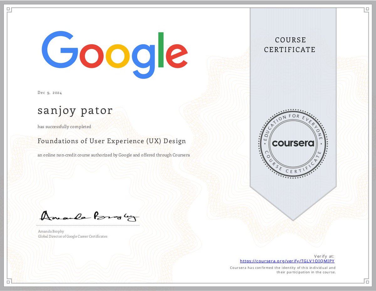 TheCode_Blooded's tweet photo. Thrilled to have completed the Foundations of User Experience (UX) Design course by Google on Coursera!
๐ Gained valuable insights into user-centered design and UX research. Ready to apply these skills to create better experiences! ๐ก
#UXDesign #GoogleCertification https://t.co/T1vhqs7HJZ
