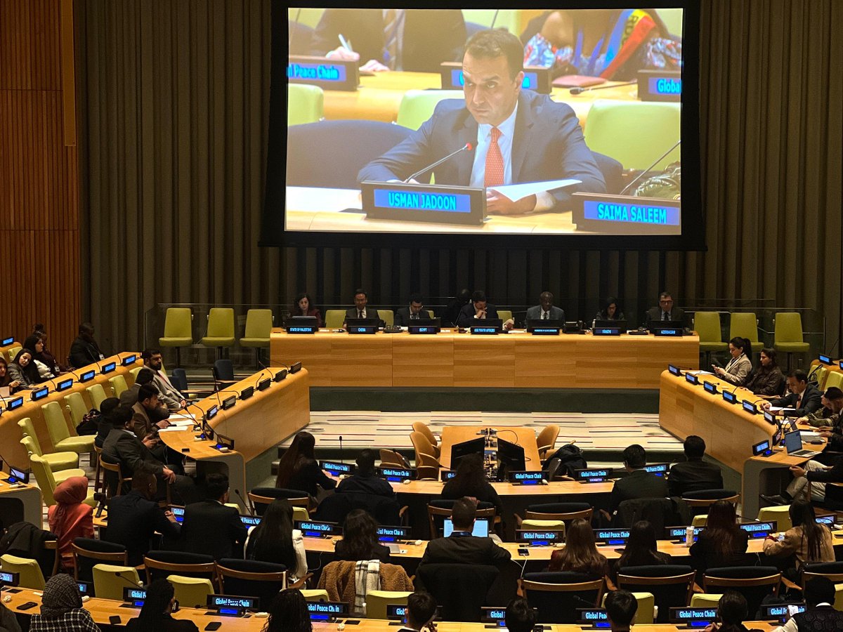 PakistanUN_NY's tweet photo. The Permanent Mission of Pakistan to the United Nations and the Global Peace Chain Foundation jointly hosted jointly hosted a high-level panel discussion on the theme of "Youth Leadership and Global Diplomacy: A Collaborative Approach to Conflict Resolution." 

Assistant UN Secretary General for Youth Affairs, Dr. Felipe Paullier was the keynote speaker of the event, whereas other speakers included Acting Permanent Representative of Pakistan to the UN, Ambassador Usman Jadoon; Permanent Representative of OIC Observer Mission to the UN H.E. Ambassador Hameed Ajibaiye Opeloyeru; Permanent Representative of Egypt to the UN H.E. Osama Abdel Khalek; Deputy Permanent Representative of China to the UN Ambassador Geng Shuang; Deputy Permanent Representative of Observer Mission of Palestine to the UN, Ambassador Ms. Feda M. Abdelhady; Deputy Permanent Representative of Turkiye to the UN Ambassador Mrs. Fikriye Asli Güven;  Deputy Permanent Representative of Azerbaijan to the UN Mr. Tofig Musayev; and the youth advocate Usman Amjad. 

In their remarks, the speakers highlighted the greater need of engaging, and encouraging youth to play a more proactive role in promoting peace and resolving conflicts. 

The statements were followed by an interactive session. Mr. Kamran Zafar, CEO of the Global Peace Chain Foundation delivered the closing remarks.

Ms. Saima Saleem, Counsellor at the Permanent Mission of Pakistan and Mr. Muhammad Ahmad, Co-Founder and Director of the Global Peace Chain Foundation co-hosted the proceedings of the panel discussion.