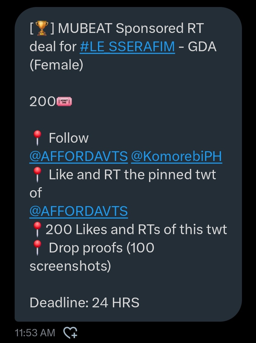 KomorebiPH's tweet image. [🏆] MUBEAT Sponsored RT deal for #LE_SSERAFIM - GDA (Female)

200🎟️

📍 Follow @AFFORDAVTS @KomorebiPH 

📍 Like and RT the pinned twt of 
@AFFORDAVTS

📍200 Likes and RTs of this twt

📍 Drop proofs (100 screenshots) 

Deadline: 24 HRS