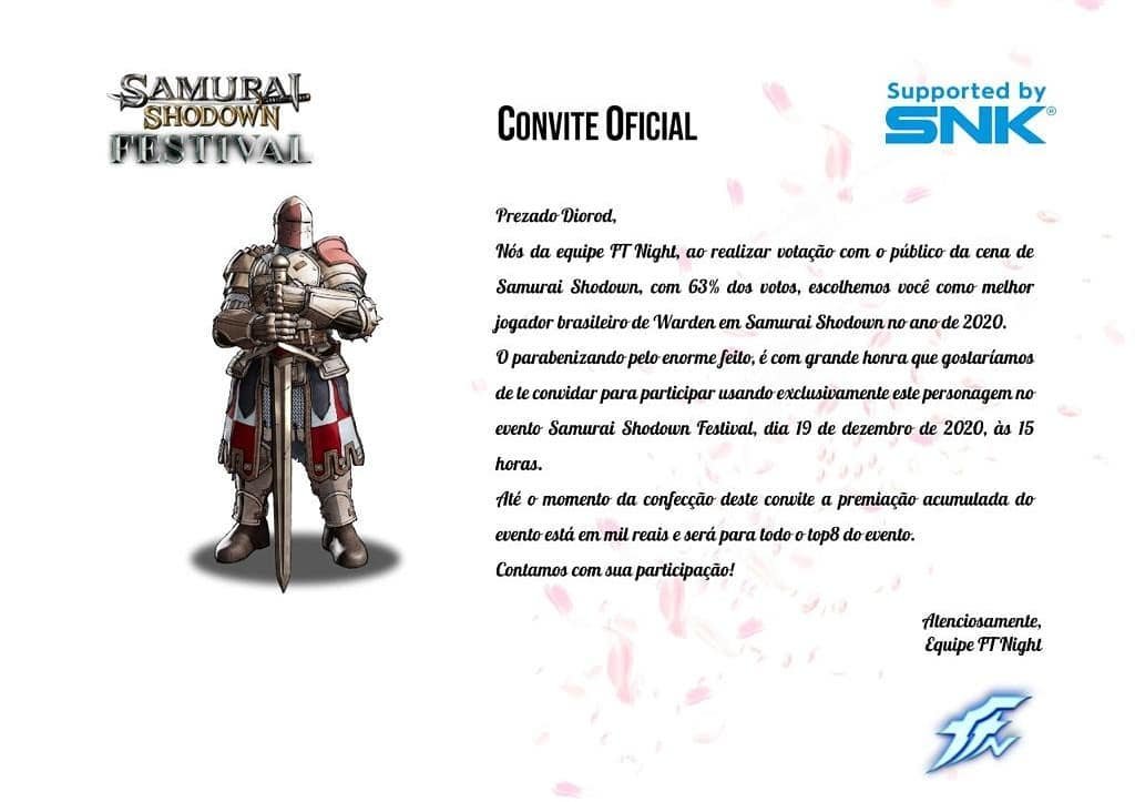 D1oRod's tweet photo. Quatro anos que o @Jota_Jordy , o @o_astronauta e o pessoal da @FTNightt fizeram o SamSho Festival, com players escolhidos por votação como referência nos personagens que jogavam, e eu fui escolhido pro Warden.

Foi a primeira vez que me senti BOM de verdade num jogo!
Saudades! https://t.co/c3Mxr8b84W