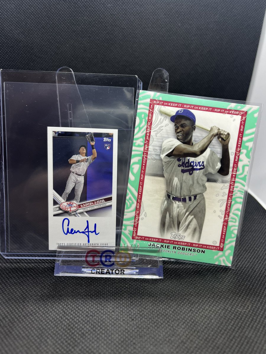 Hambone4423's tweet photo. I ordered a 2022 Topps rip box from eBay finally got it in today. I pulled a Jackie Robinson /35 and ripped it. Out came an Aaron judge ripped from history auto /15. One of the coolest cards I’ve seen from Topps! https://t.co/k92bVtyeGf
