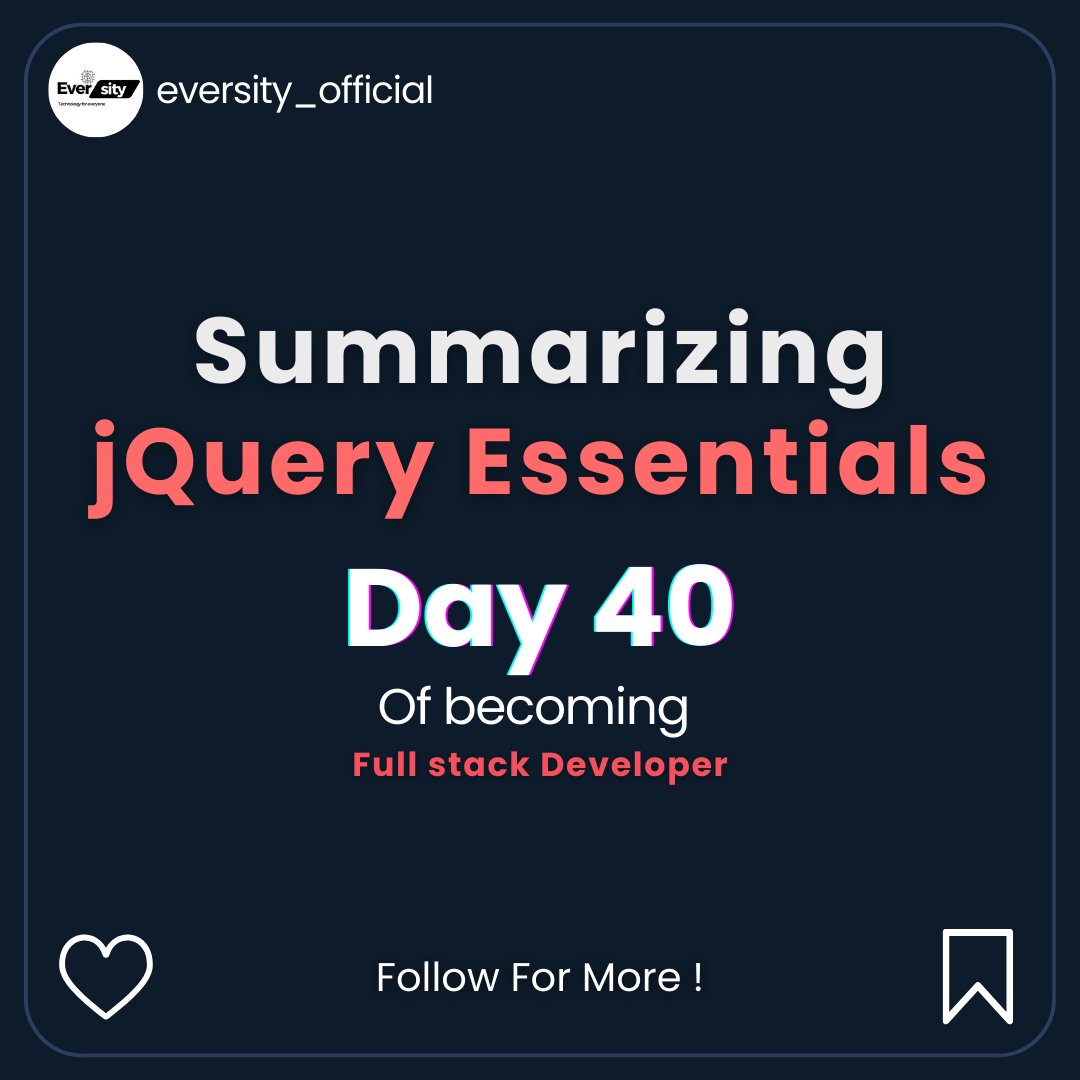 Ever_sity's tweet image. Day 40 - Wrapping up our journey with jQuery! From selectors to animations, we've mastered a ton of essentials. 🚀 Ready to dive into advanced JS tomorrow? Let’s keep the momentum! 🌟
#WebDevelopment #FullStackDevelopment #LearnjQuery #JavaScriptEssentials