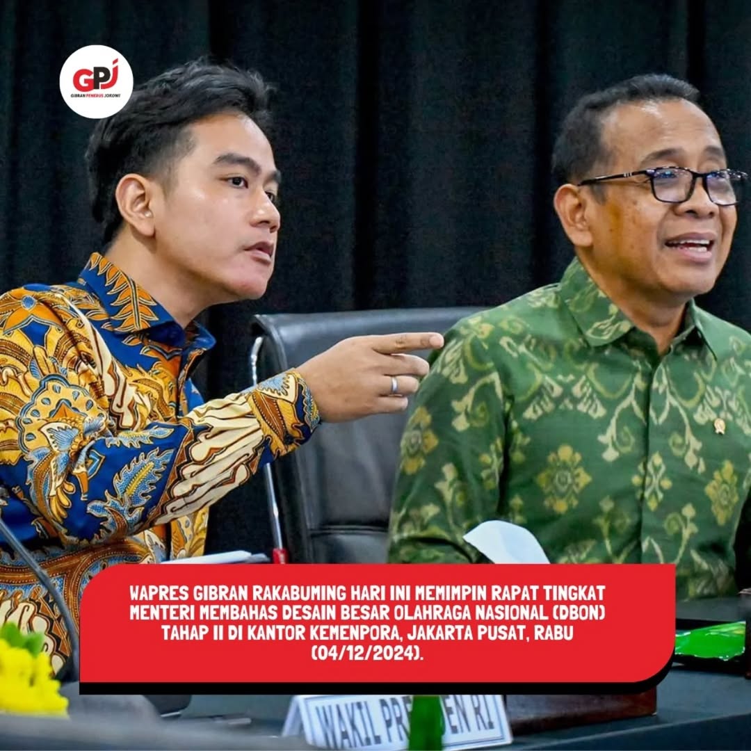 gpj_indonesia's tweet photo. Wapres Gibran Rakabuming memimpin rapat menteri membahas Desain Besar Olahraga Nasional (DBON) Tahap II. DBON jadi prioritas Asta Cita ke-4. Tingkatkan prestasi olahraga! Fokus pada hulu, kurikulum &amp; fasilitas olahraga di sekolah. 

#OlahragaIndonesia #GibranPenerusJokowi https://t.co/7lyHMcyIjQ