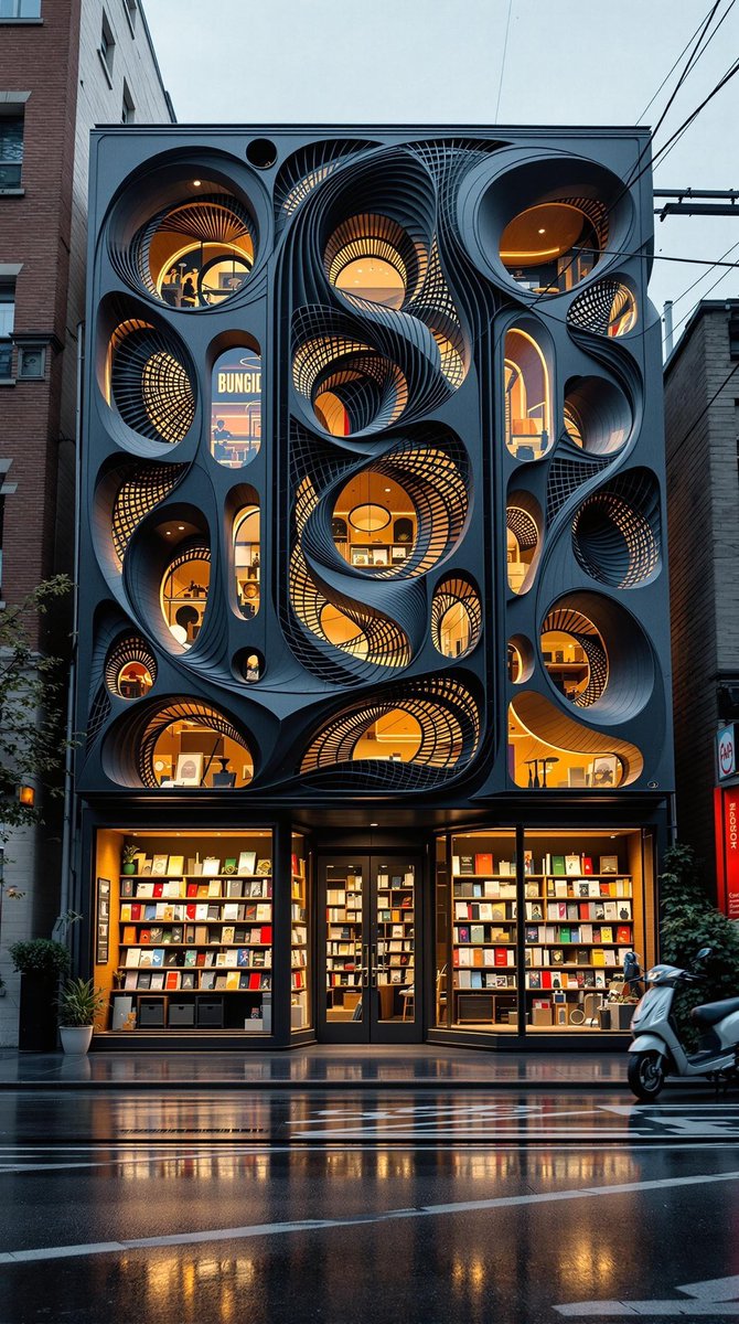rmux's tweet photo. Bookstores may be struggling, but I imagine this design would attract the people. 
#aiarchitecture #aiart #fluxpro #flux https://t.co/aS0eX1vFIr