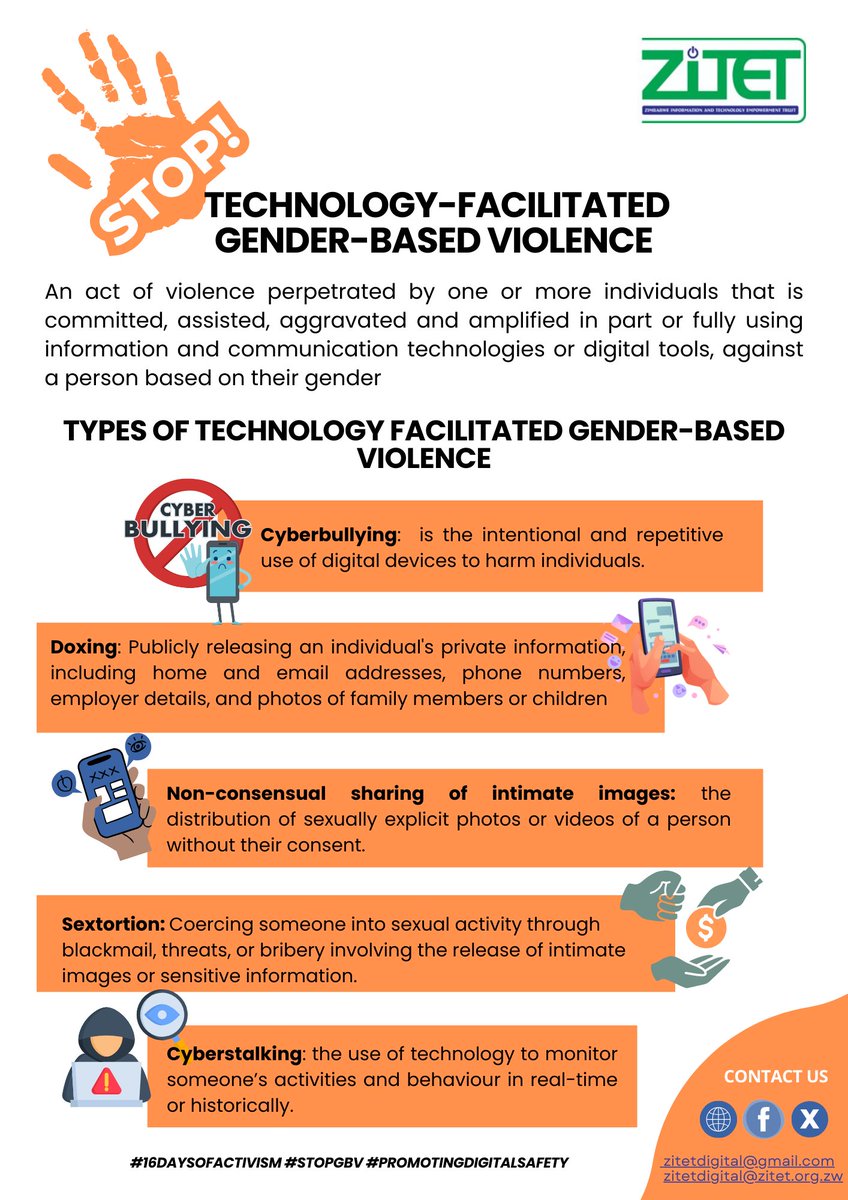 As we commemorate the #16DaysOfActivism against Gender-based Violence, let us talk about technology-facilitated gender-based violence #TFGBV 
While TFGBV,occurs in digital and online platforms, it often leads to physical violence. 
#16Days  #HumanRightsDay
#EndGBV
