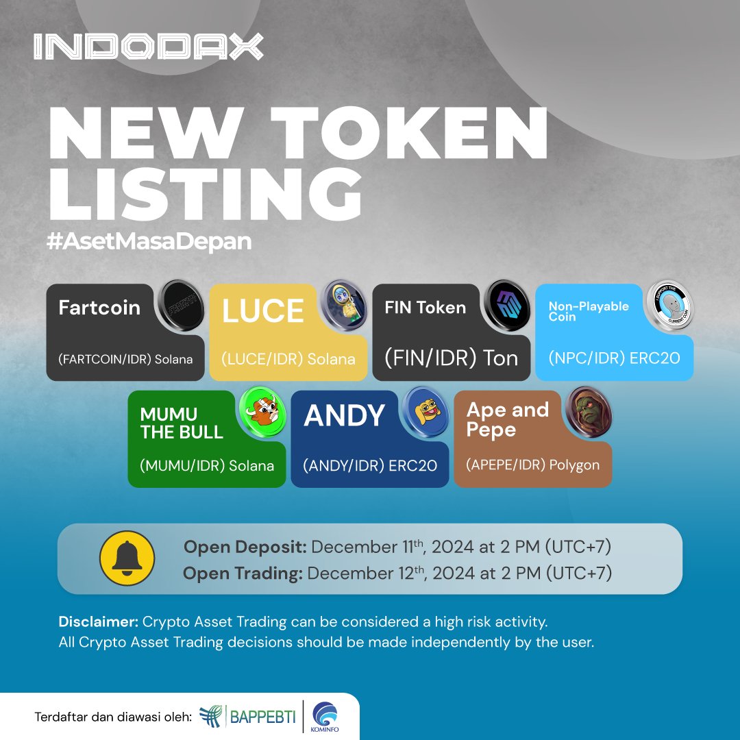 We are pleased to announce a new Crypto Asset that will be added to the  INDODAX marketplace, Fartcoin (FARTCOIN) @FartCoinOfSOL, LUCE (LUCE), FIN  Token (FIN) @official25331, Non-Playable Coin (NPC) @NonPlayableCoin, MUMU  THE