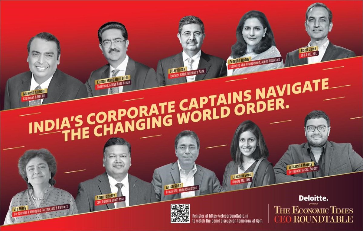DeloitteIndia's tweet photo. “The Economic Times #CEO Roundtable,” presented by Deloitte on 11 December 2024, will witness India's distinguished business leaders join and deliberate on the “Changing world order: Time for cautious optimism or embrace of animal spirits?”

Register now: https://t.co/5GB1hG2bEZ https://t.co/M2xz8RGd4c