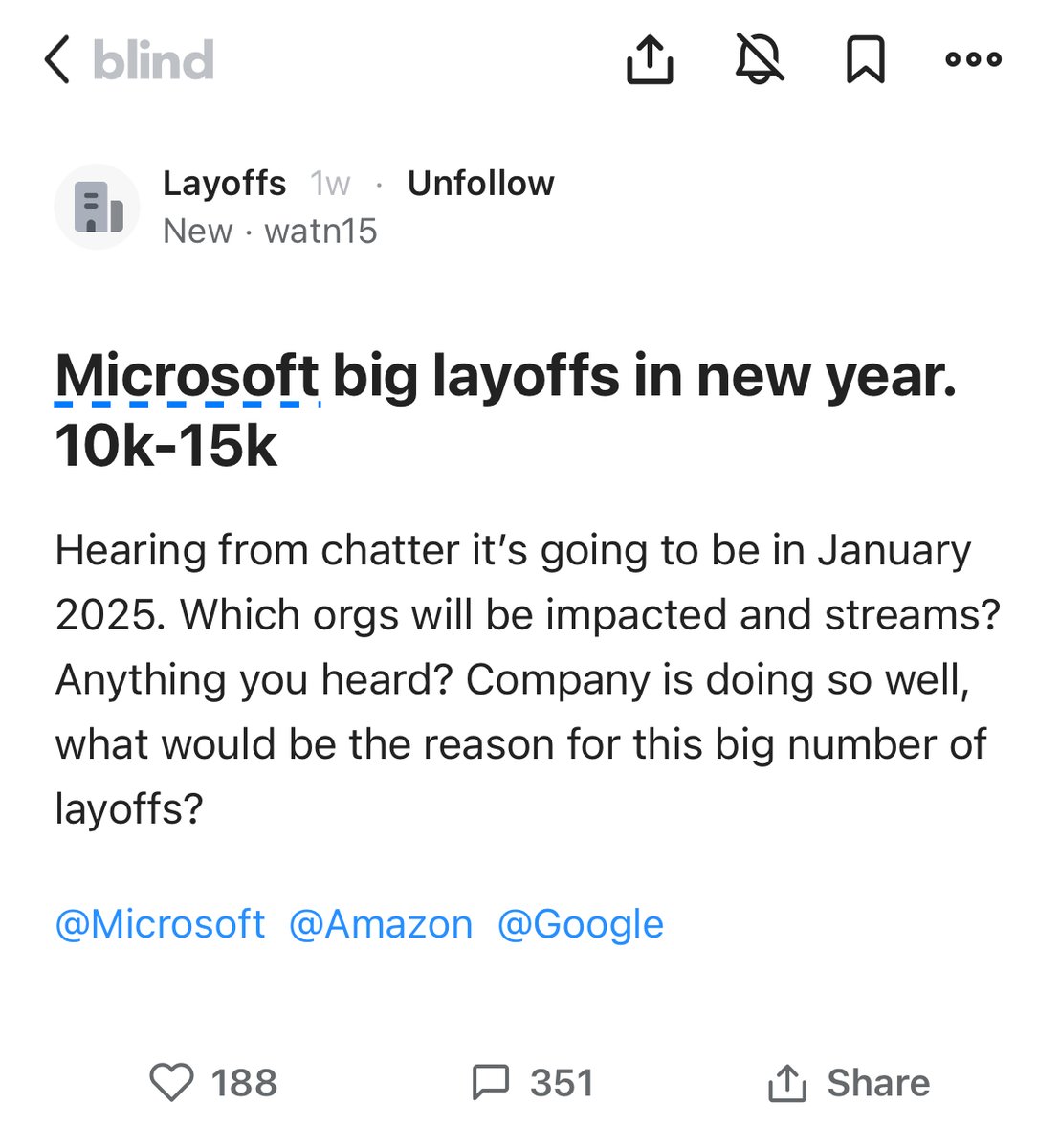 JoinBlind's tweet photo. @Microsoft employees seem to warning users on Blind about potential layoffs in January. 

Is this true @satyanadella? 

#Microsoft #Layoffs #Corporate #CareerOpportunities #Blind #TeamBlind https://t.co/nlJDMFrwfE