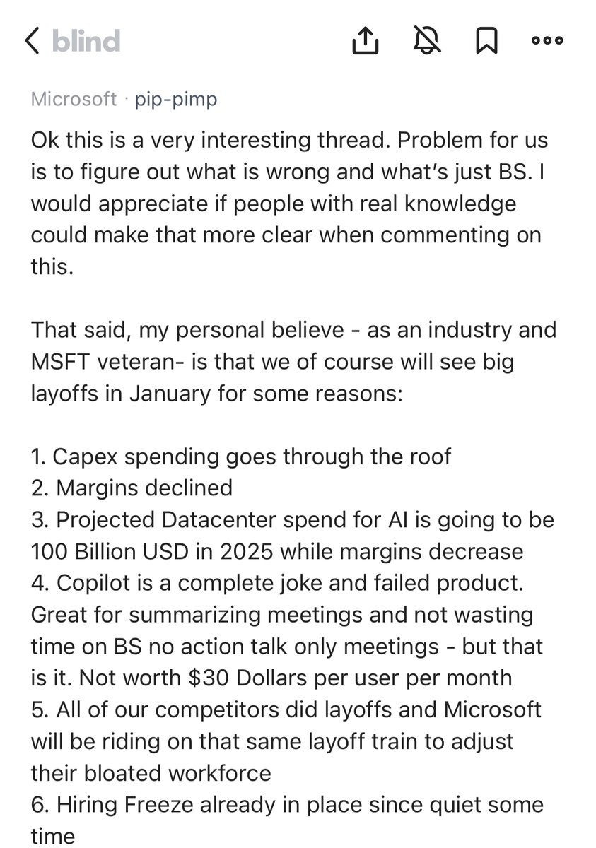 JoinBlind's tweet photo. @Microsoft employees seem to warning users on Blind about potential layoffs in January. 

Is this true @satyanadella? 

#Microsoft #Layoffs #Corporate #CareerOpportunities #Blind #TeamBlind https://t.co/nlJDMFrwfE