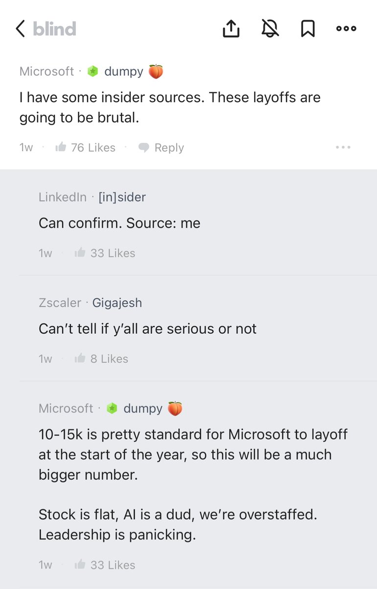 JoinBlind's tweet photo. @Microsoft employees seem to warning users on Blind about potential layoffs in January. 

Is this true @satyanadella? 

#Microsoft #Layoffs #Corporate #CareerOpportunities #Blind #TeamBlind https://t.co/nlJDMFrwfE