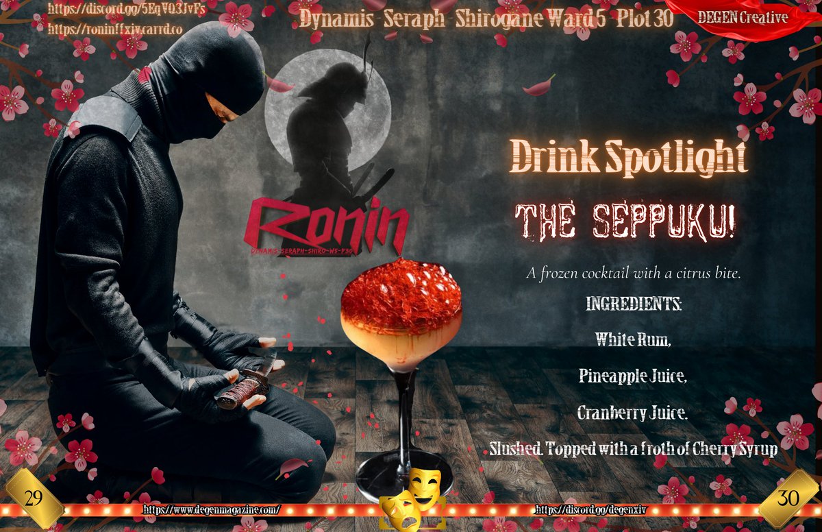 You know what's fun? Drink Recipes. Check this one out from our latest issue! To make it, you'll need White Rum, Pineapple Juice, Cranberry Juice, and Cherry Syrup. Or you can just go to Ronin and get one. Probably easier.

discord.gg/degenxiv
degenmagazine.com