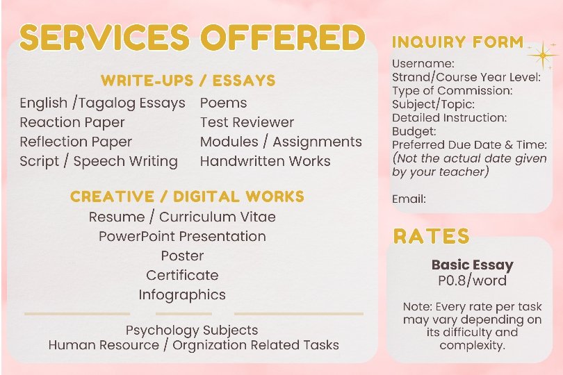 byeol_commss's tweet photo. ✧ hello, #commstwt ✧

i'm byeol, your acad helper! ✨

i am offering academic help. kindly check out my commission sheet below (⁠◍⁠•⁠ᴗ⁠•⁠◍⁠) 

do not hesitate to message me. please use the inquiry form for any inquiries (⁠•⁠‿⁠•⁠)

also check  #byeol_proofs 💫 https://t.co/GUSWx11GzZ