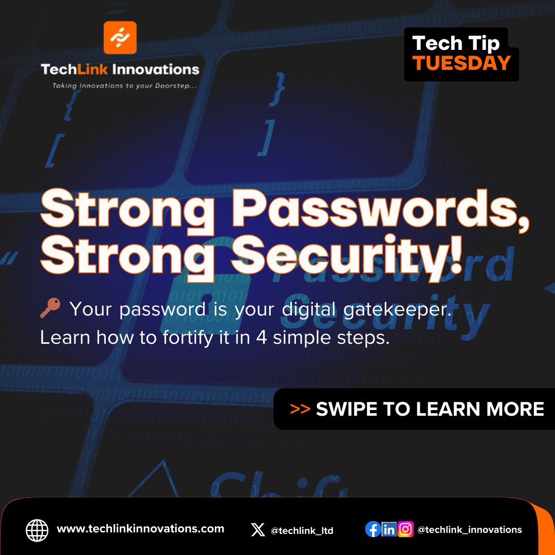 techlink_ltd's tweet photo. Your Password is the Key —Make it Unbreakable!
Strong passwords are your first line of defense in protecting your online accounts. Learn how to create secure, memorable combinations and stay ahead of cyber threats.
#TechTipsTuesday #PasswordSecurity #TechLinkInnovations https://t.co/x0Oty7Aeub