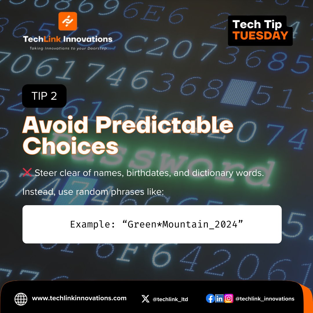techlink_ltd's tweet photo. Your Password is the Key —Make it Unbreakable!
Strong passwords are your first line of defense in protecting your online accounts. Learn how to create secure, memorable combinations and stay ahead of cyber threats.
#TechTipsTuesday #PasswordSecurity #TechLinkInnovations https://t.co/x0Oty7Aeub