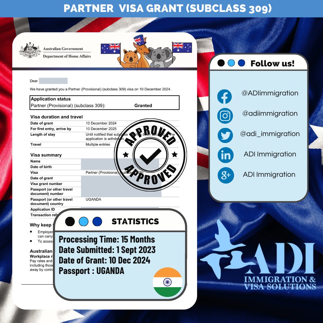 adi_immigration's tweet image. 📷 Double Grant Subclass 309! 📷Immigration!
#VisaSuccess #DoubleGrant #Subclass309 #PartnerVisa #FromUgandaToAustralia #AustraliaVisa #ADIImmigration #ImmigrationExperts #DreamsComeTrue #VisaApproved #ImmigrationJourney #NewBeginnings #InternationalSuccess #ADIImmigrationTeam