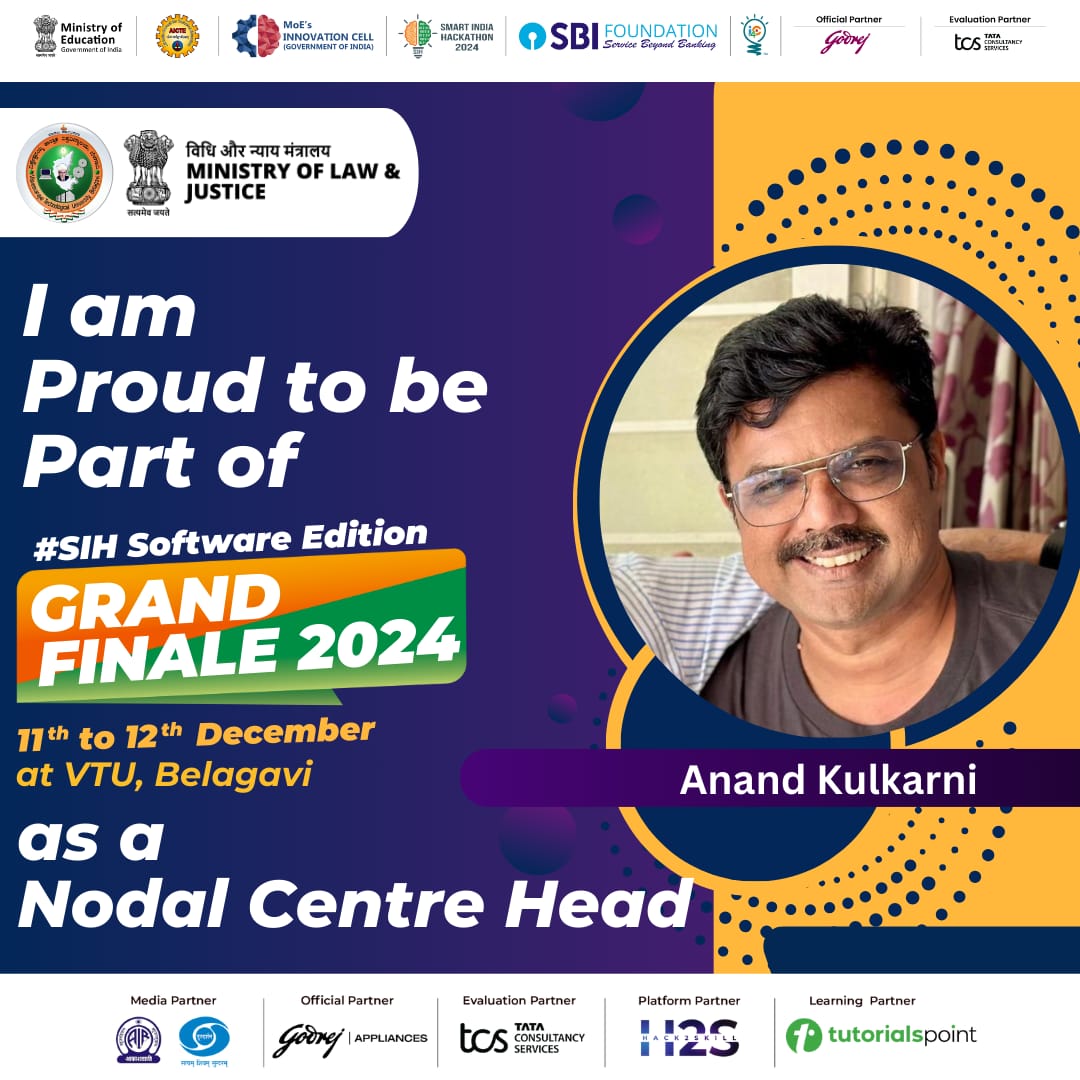 VTU_VRIF's tweet photo. π Honored to have Anand Kulkarni leading as the Nodal Centre Head for the #SIH2024 Software Edition Grand Finale at @VTUindia, Belagavi!
Letβs celebrate innovation, collaboration, and breakthroughs from 11th-12th December! π
#SmartIndiaHackathon #VTU #VRIF #InnovateForIndia https://t.co/etjzYcB16q
