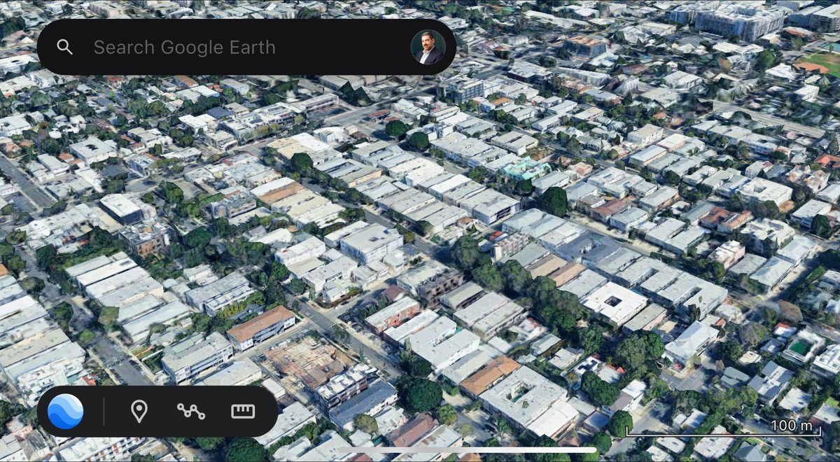 In America we strictly limit building heights in most places; so we get shorter, wider buildings with less green space and more paved-over space. Here’s a typical apartment neighborhood in Los Angeles: