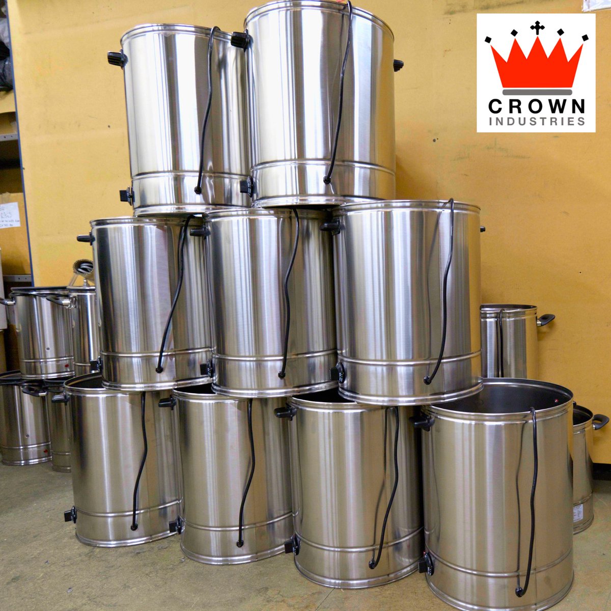 CrownIndustrie2's tweet photo. Stack 'em high! Our latest batch of hot water urns is ready to roll out to cafés, clubs, and community centres across Australia. These urns feature our signature polished finish and robust construction. #AussieOwned #AussieMade #AussieQuality #AussieReliability #CrownIndustries https://t.co/oMmKT672TK