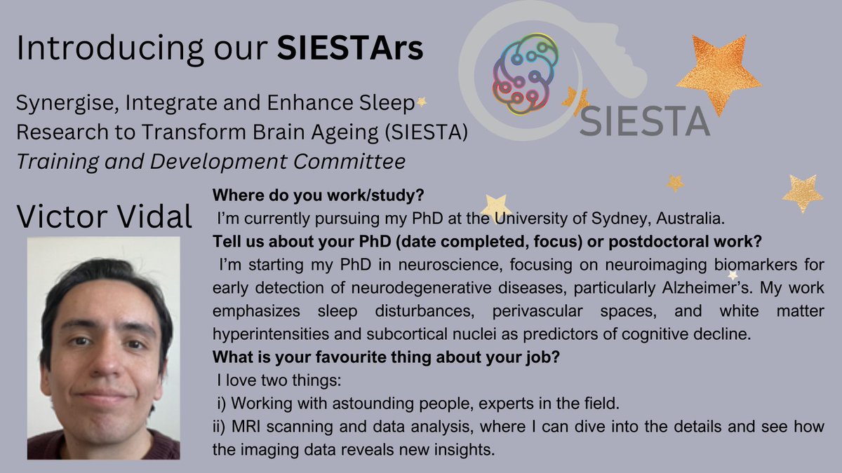 SIESTA Research Program (@siestasynergy) on Twitter photo 🌟 Introducing our #SIESTARS! 🌟 Meet Victor Vidal, a dedicated Medical Technologist from Chile 🇨🇱. Victor is currently pursuing his PhD at the <a href="/HBAProgram_USYD/">Healthy Brain Ageing Program, University of Sydney</a>, where he's making strides in brain health research. 🧠✨ 🌟 Introducing our #SIESTARS! 🌟 Meet Victor Vidal, a dedicated Medical Technologist from Chile 🇨🇱. Victor is currently pursuing his PhD at the <a href="/HBAProgram_USYD/">Healthy Brain Ageing Program, University of Sydney</a>, where he's making strides in brain health research. 🧠✨